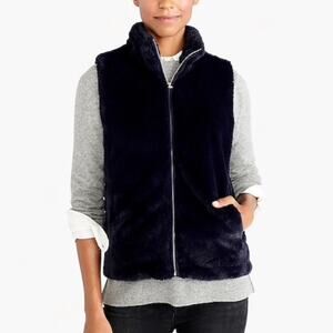 J.Crew Faux Fur Full Zip Vest w Pockets in Navy Blue Insulated Warm Sz XS 424